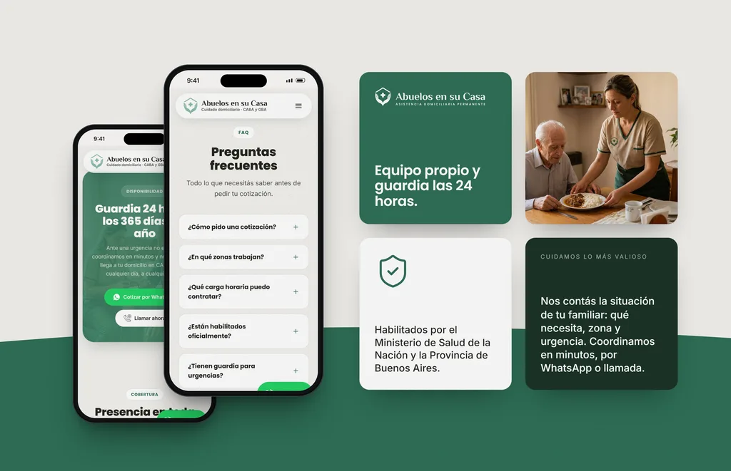 Pantallas del sitio de Abuelos en su Casa en escritorio y celular