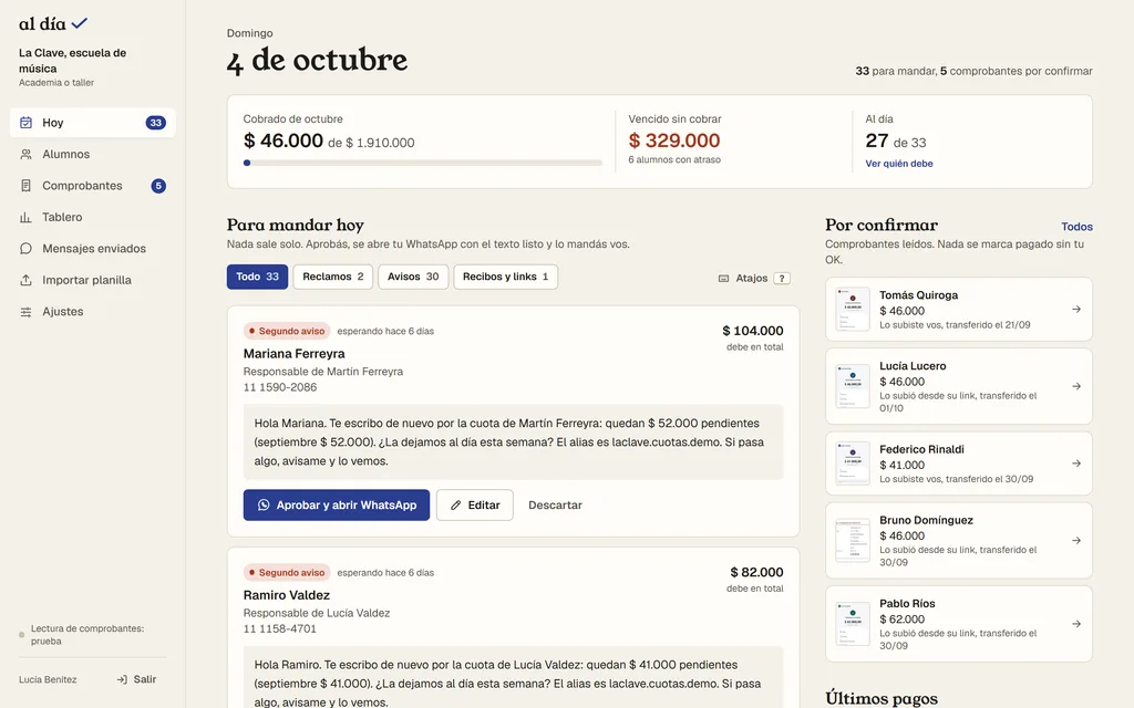 Pantallas de Al Día, un sistema de cobranza de abonos, en escritorio y celular