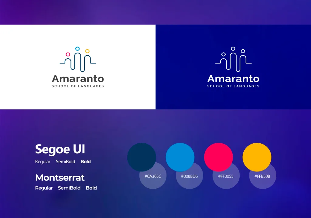 Brand identity and online learning platform screens for Amaranto School of Languages
