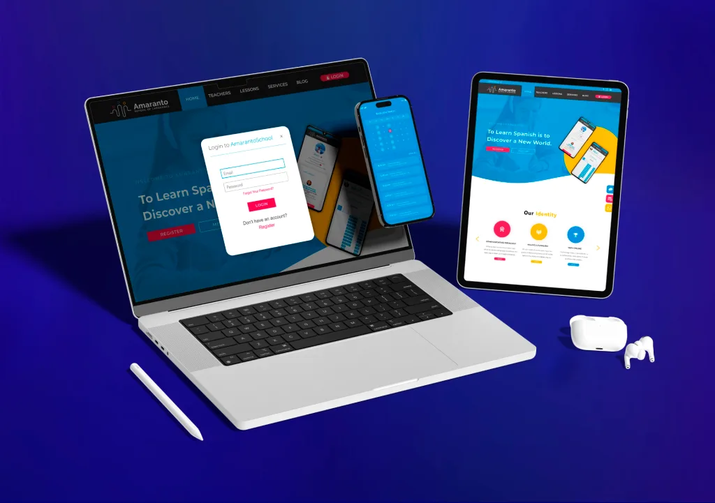 Brand identity and online learning platform screens for Amaranto School of Languages