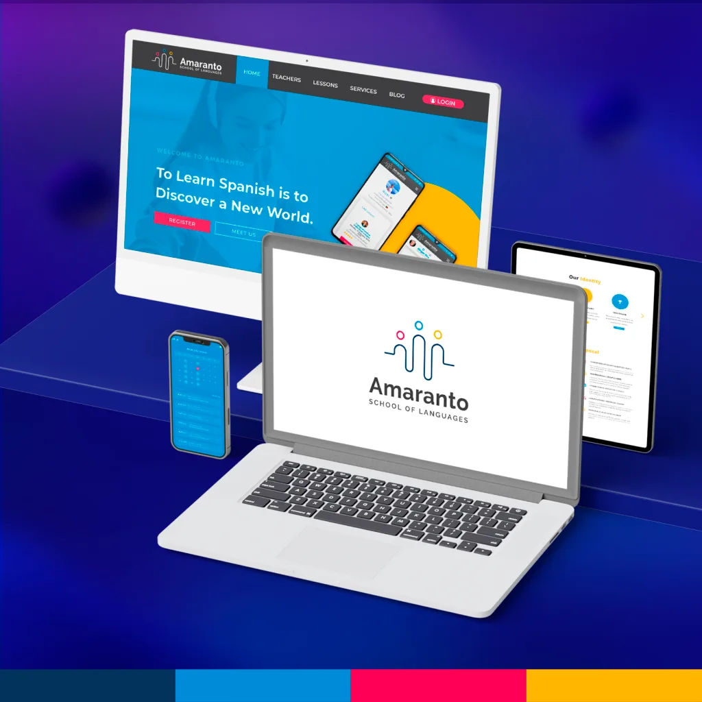 Brand identity and online learning platform screens for Amaranto School of Languages