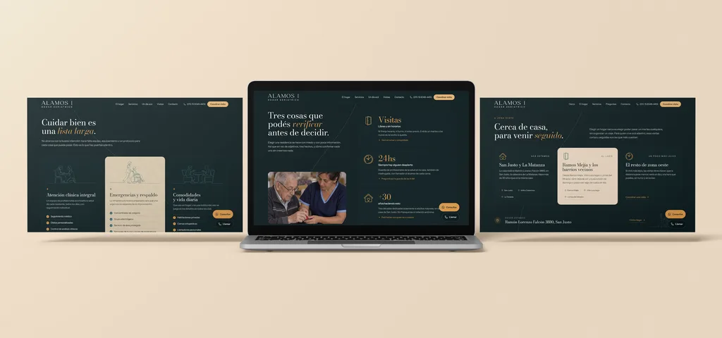 Screens from the Hogar Álamos website on desktop and mobile