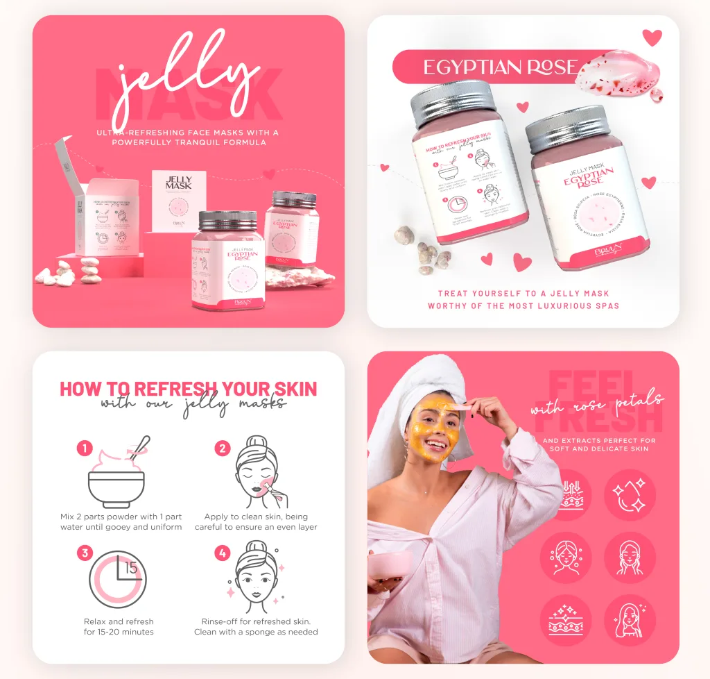 Amazon listing images, A+ content and packaging for the Jelly Masks line