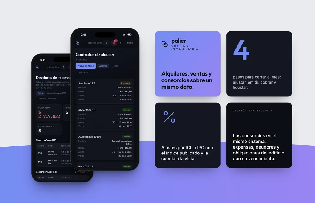 Screens from PALIER, a management product for real estate agencies, on desktop and mobile