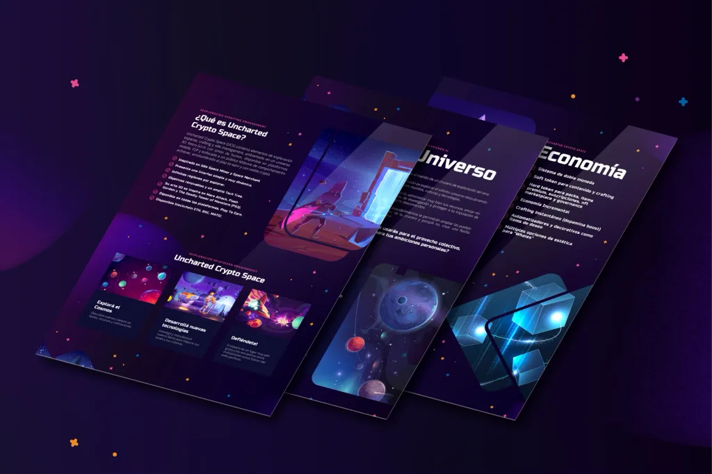 Láminas del documento de pitch y la landing de Uncharted Crypto Space