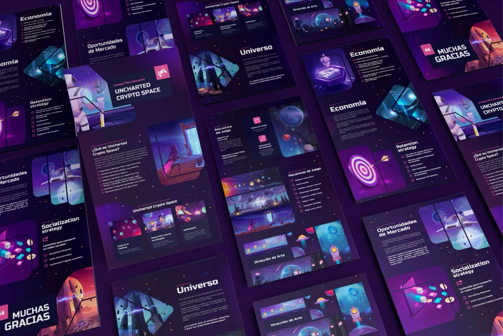 Láminas del documento de pitch y la landing de Uncharted Crypto Space