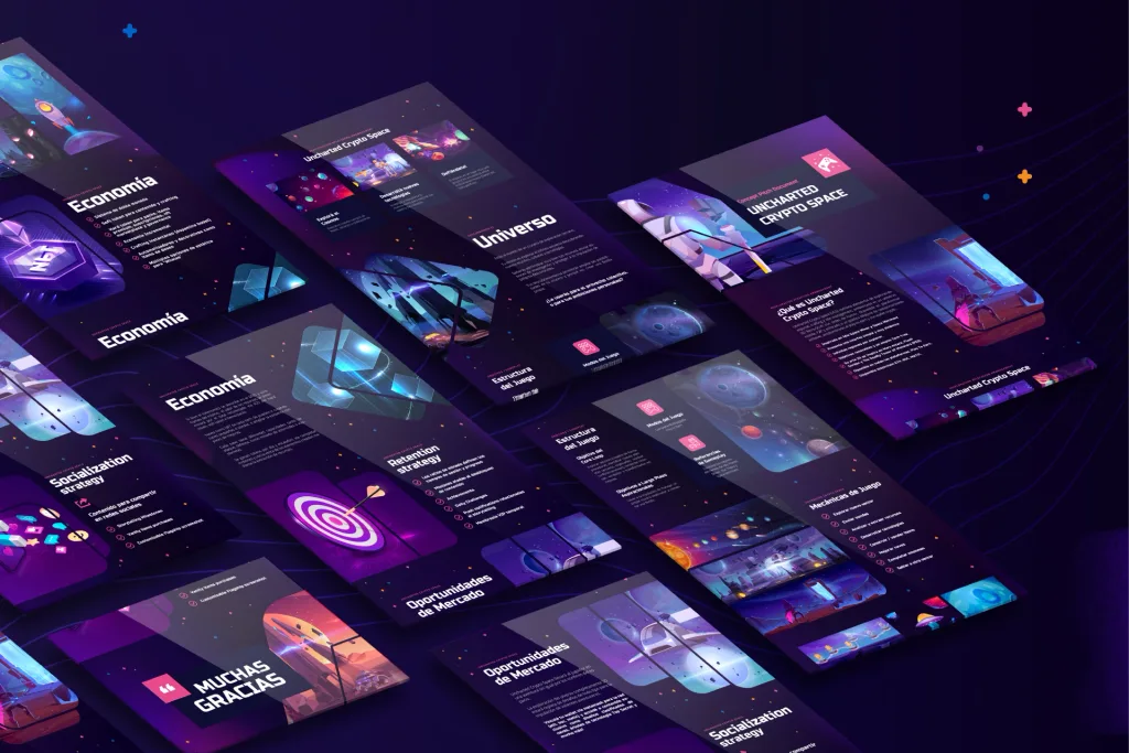 Láminas del documento de pitch y la landing de Uncharted Crypto Space