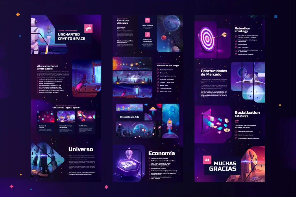 Láminas del documento de pitch y la landing de Uncharted Crypto Space
